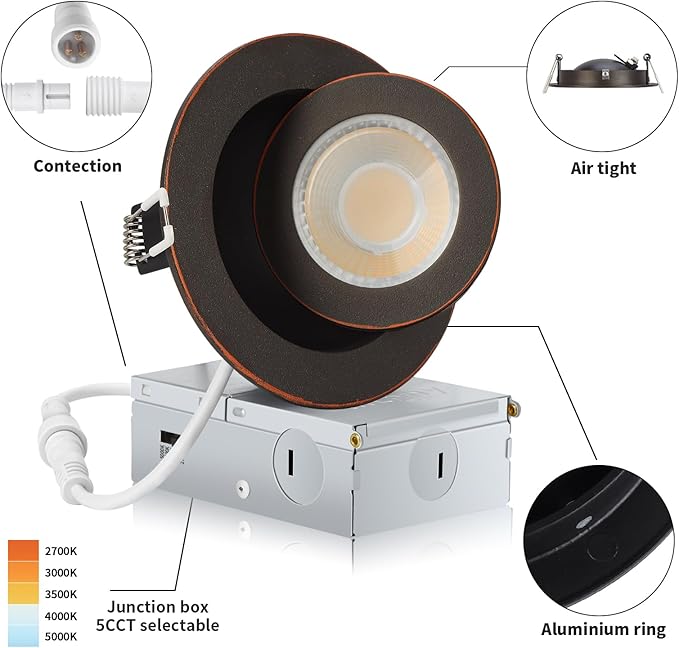 Oil Rubbed Bronze Recessed Lighting 4 Inch 6 Pack, Ajustable Eyeball recessed Light with Junction Box,5 Color Selectable,Airtight,9W 750LM,Dimmable,Bronze