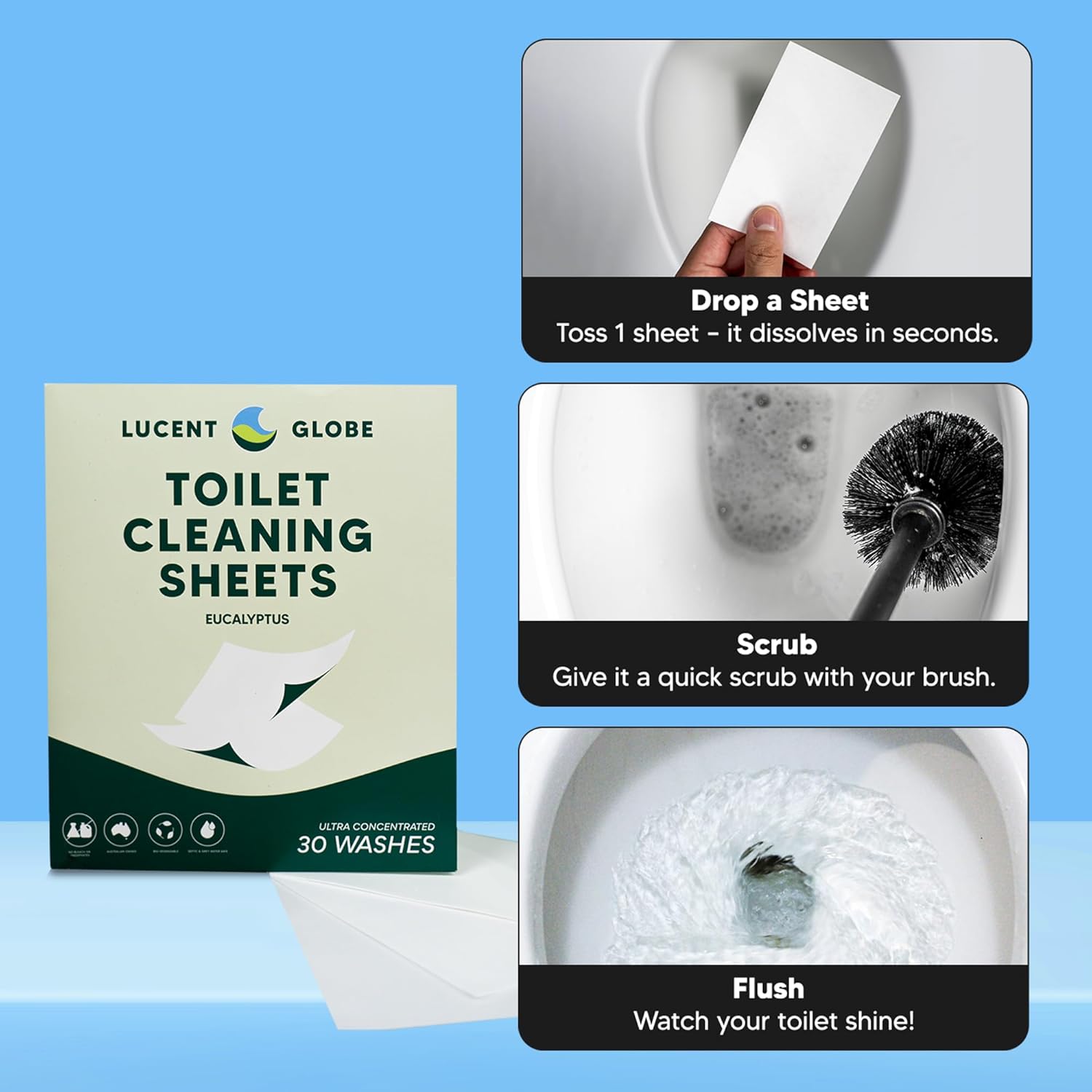 Lucent Globe Toilet Cleaning Sheets | Strips - Tough on Dirt & Stains - Safe for Toilets & Septic Systems - Convenient and Travel Friendly Toilet Bowl Cleaner - Fresh Eucalyptus