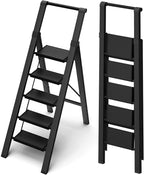 5 Step Ladder, Lightweight Folding Step Stool with Convenient Handgrip,Aluminum 330lbs Capacity Step Ladder for Office,Household,Kitchen(Black)