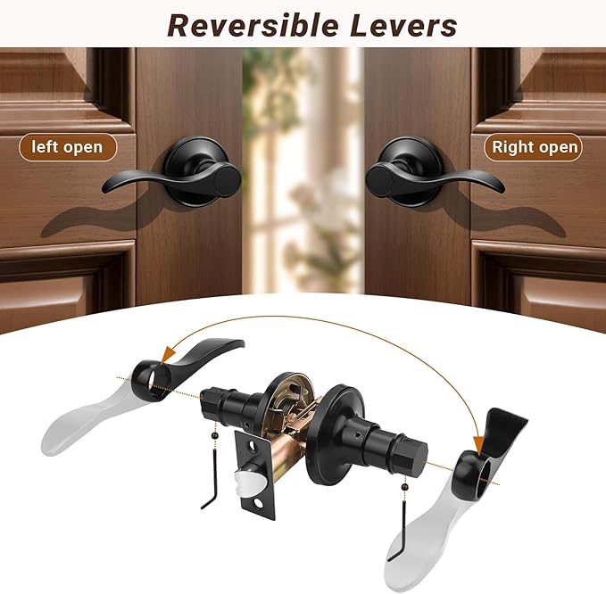Knobonly 6 Pack Matte Black Pasage Door Levers Interior Door Handles for Hallyway andCloset Door Knobs Keyless Black Door Handles with Lock, Zinc Alloy Reversible for Right/Left