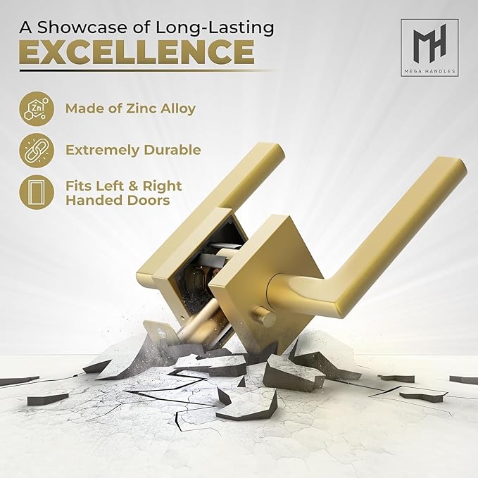 Mega Handles Prime Privacy Door Handle - 3 Pack Interior Reversible Gold Door Handle, Heavy Duty Bed & Bath Door Handles with Privacy Door Lock, Fits All Standard Doors - Satin Brass