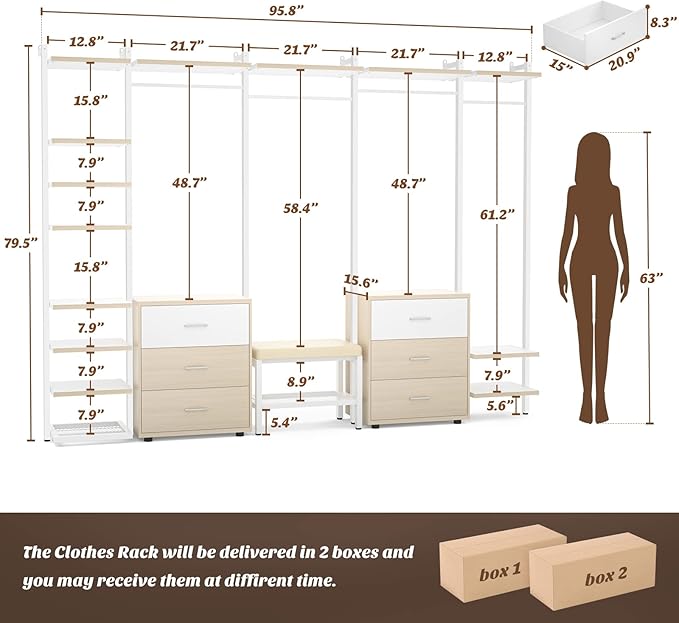 Aheaplus 8FT Closet Organizer Systems with 6-Drawers, 96'' Wood Closet Organizer with Storage for Walk in Closets, Clothing Rack Wardrobe Closet Garment Rack for Hanging Clothes, Bedroom, White Oak