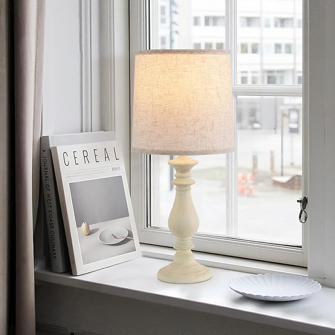 Lamps Set of 2 Vintage Rustic Farmhouse Table Lamps Bedside Reading Lamp Bedroom Nightstand Living Room Teapoy Lamp, Desk Light, 22 Inch High, White Wash, with Fabric Shade, Bulb Not Included
