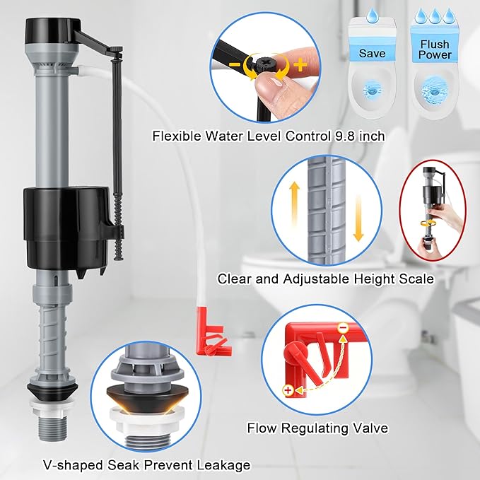 Saillong 3 Inch Universal Toilet Tank Replacement Kit, Toilet Flusher Fill Valve with Low Flow Flapper Repair Kit, Side Mount Flush Brass Handle, Adjustable Water Level, Easy to Install(Red)