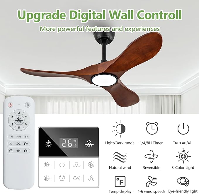 42-Inch Solid Wood Ceiling Fan with Lights, Remote Control, Dimmable, Reversible, Wood Blades, Power-Off Memory, Quiet DC Motor – Modern outdoor Ceiling Fan for Living Room, Bedroom, Patio