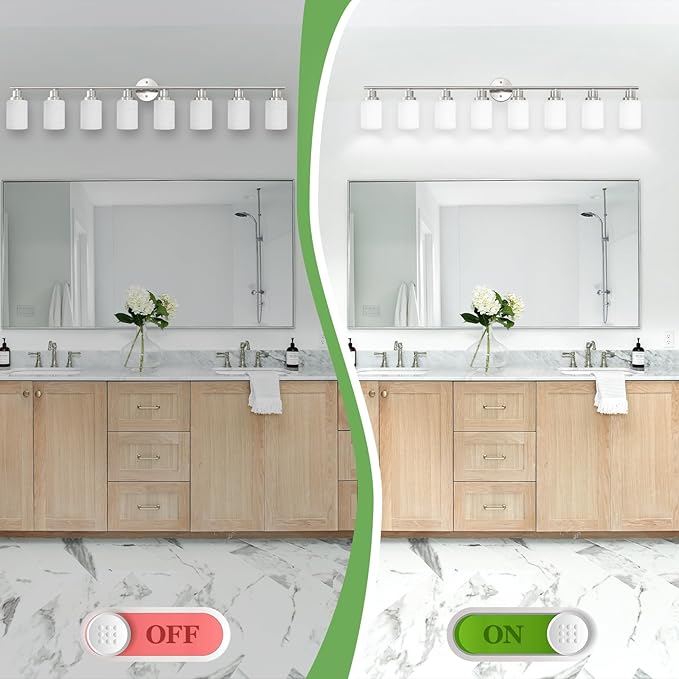 8-Light Vanity Lights, Brushed Nickel Bathroom Light Fixture with Striped Textured Milky White Glass Shade, E26 Modern Vanity Lighting Fixture for Bathroom Wall Sconce Light Over Mirror