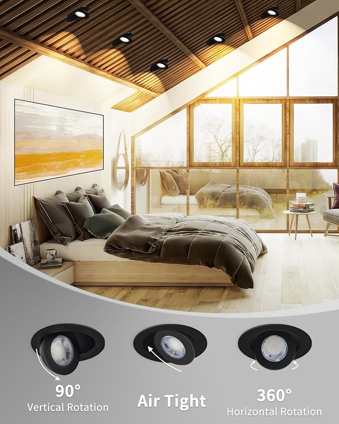Adetu 4 inch 5CCT Gimbal Black Led Recessed Lights, 360°+90° Adjustable Directional Recessed Lighting, 2700K/3000K/3500K/4000K/5000K Dimmable Retrofit Eyeball Can Lights with Jbox, ETL（Black, 6 Pack）