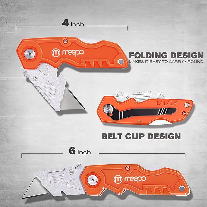 Box Cutter, 4-Pack Tough Folding Box Cutter for Heavy Duty Purpose, Razor Sharp Blade, Comfortable Handle, with Extra 10-Piece Blades, Can cut Drywall, Sheet Plastic, Linoleum, Boxes, Rope