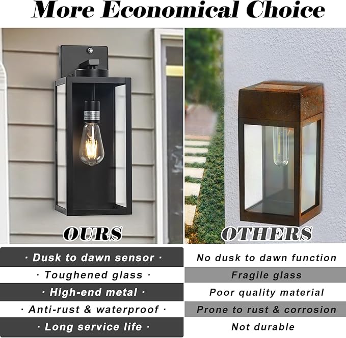 Dusk to Dawn Outdoor Wall Light Fixture, 16" Large Exterior Black Lantern Waterproof, Farmhouse Porch Sconce Lighting, Modern Wall-Mounted Outside Lights for House Garage, Patio Lamp