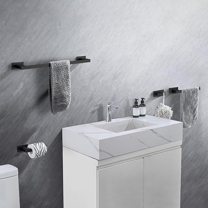 4-Pieces Bathroom Hardware Accessories Set, Towel Rack Towel Bar Toilet Paper Holder Towel Hook Self Adhesive Stainless Steel Towel Rack Set for Bathroom Wall Mounted, Matte Black 23 Inch