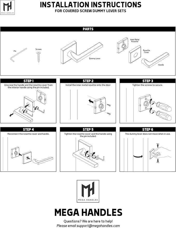 Mega Handles Ronn Dummy Lever Door Handle Set for Closet or French Doors, Single Side, Non-Turning Reversible Door Levers, Fits All Standard Door Sizes, Screws Included - Satin Brass (2 Pack)