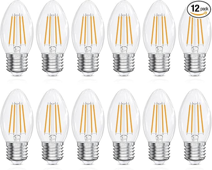E26 Base LED Candelabra Light Bulbs 2700K Soft White, 6W, 60 watt Equivalent, E26 LED Bulb, B10 Chandelier Candle Light Bulbs, Non-Dimmable, 90+CRI, 600LM, Cear Glass, 12 Pack