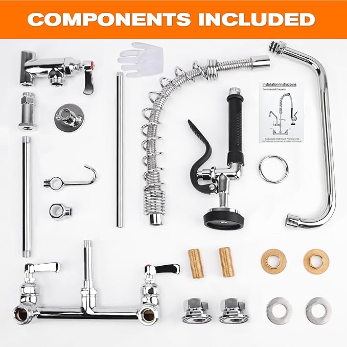 25" Height Commercial Faucet with Sprayer, 8" Adjustable Center & 12" Add-on Swing Spout, Wall Mount Pre Rinse Commercial Sink Faucet for Commercial Restaurant Industrial Kitchen (Chrome)