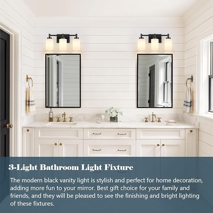 3-Light Bathroom Vanity Light Fixtures Over Mirror, Rustproof Vanity Lights for Bathroom, Modern Black Bathroom Lights Wall Mount with Milky White Glass Shades for Bedroom Living Room