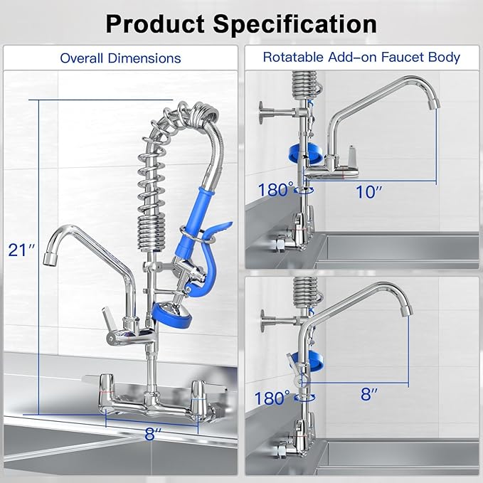 Commercial Faucet with Sprayer for Kitchen Staff : Akwadu Wall Mount Commercial Faucet with Pre Rinse Sprayer 8" Center - 21 Inch Pre Rinse Faucets with 8" Add-On Swing Spout for Dishwashers