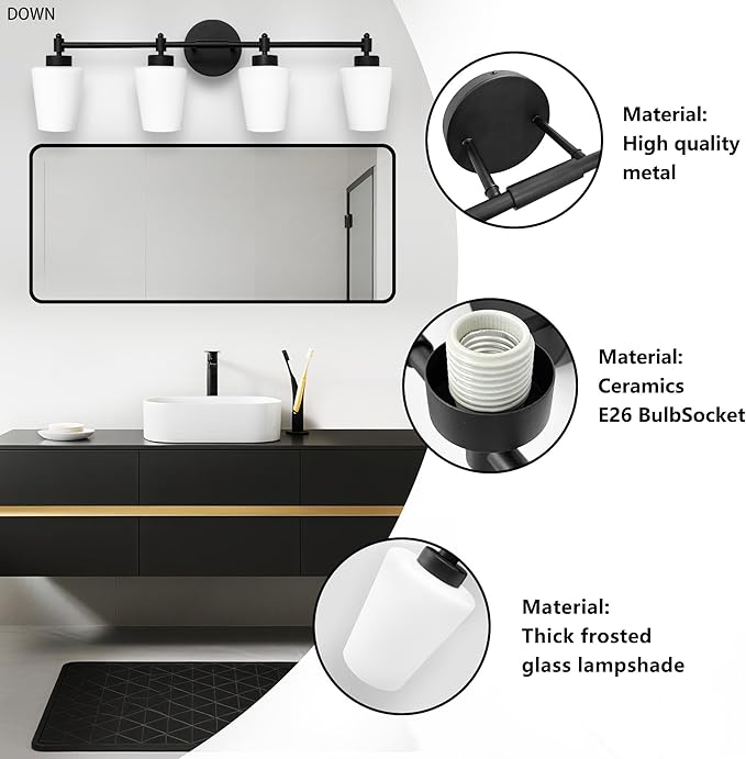 New Bathroom Vanity Light Fixtures 3 Lights Brushed Brass Glass Shade Modern Wall Bar Sconce Over Mirror (Brushed Black, 4T)