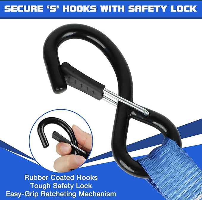 Ratchet Straps Heavy Duty 4 Pack 15 FT 2200 LB Break Strength Cargo Hold Tie Down Straps with Safety Lock S Hooks for Moving, Appliances,Box,Motorcycle, Soft Loop Securing,RV,Car,Camping Accessories