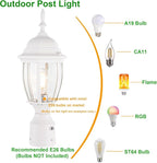 LIT-PaTH Dusk to Dawn Outdoor Post Lighting Fixture Pole Lantern, E26 Medium Base Max 60W, Aluminum Housing Plus Glass, Bulb Not Included (White, 1-Pack)