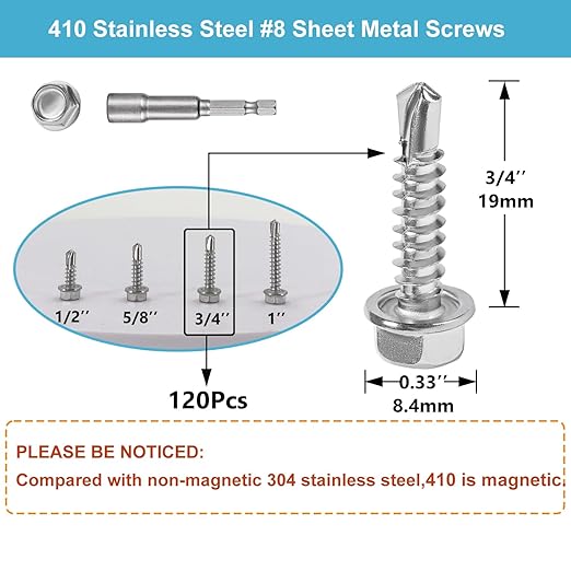 QSJ 120PCS #8 x 3/4'' Sheet Metal Screws 410 Stainless Steel Hex Washer Head Fast Self Tapping Screws with Screwdriver Bit Silver