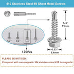 QSJ 120PCS #8 x 3/4'' Sheet Metal Screws 410 Stainless Steel Hex Washer Head Fast Self Tapping Screws with Screwdriver Bit Silver