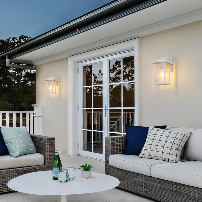 Outdoor Wall Sconce, Outside Porch Light Fixtures, Anti-Rust Exterior Wall Lights in Matte White Finish with Clear Glass for Garage Doorway Entryway, 2 Pack