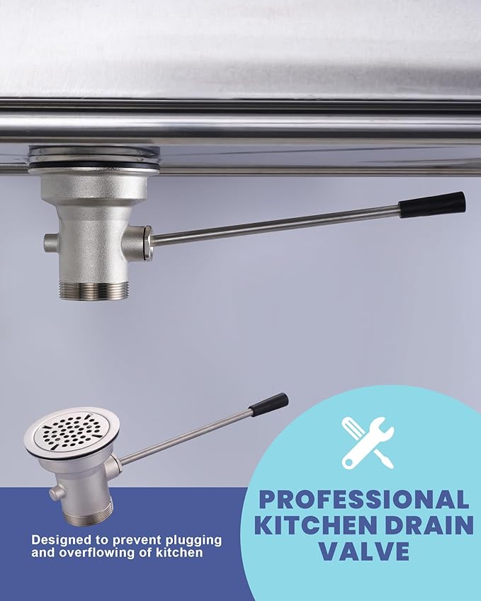 Commercial Sink Drain: 3-1/2" Sink Opening Waste Drain Valve - Brass Commercial Kitchen Sink Drain With Lever Handle - Prevents Sink Clogged Overflow For Commercial Restaurant Multi-Basin Sink