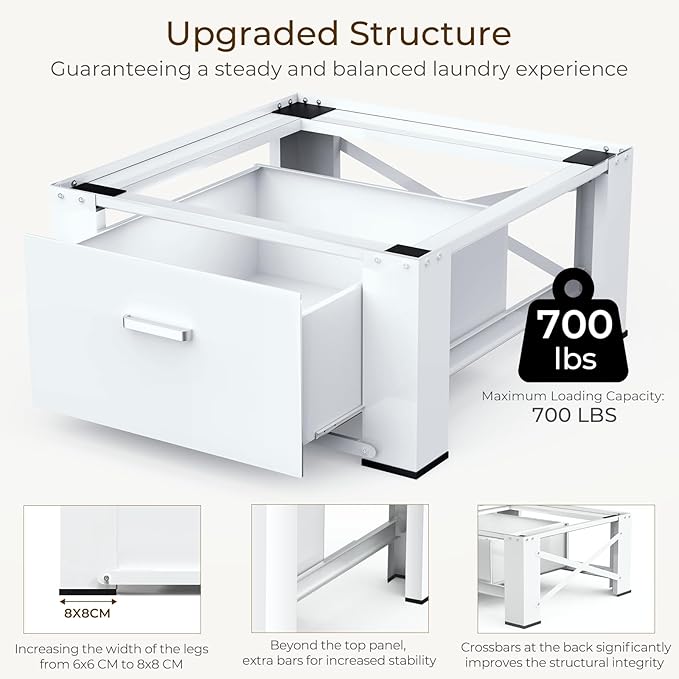 SKM 2-Pack 29" Washer & Dryer Pedestal Stand with Storage Drawer | Heavy-Duty Steel, 700LB Capacity | 14.3" Ergonomic Height, White