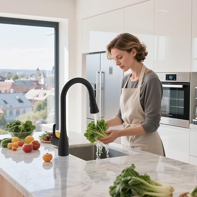 Hibbent Pull Down Spray Head for Kitchen Faucet, 3-Function Spray Nozzle with 15 Adapters, Straight Sink Faucet Head Replacement Compatible with Moen, Delta, Kohler, American Standard, Matte Black