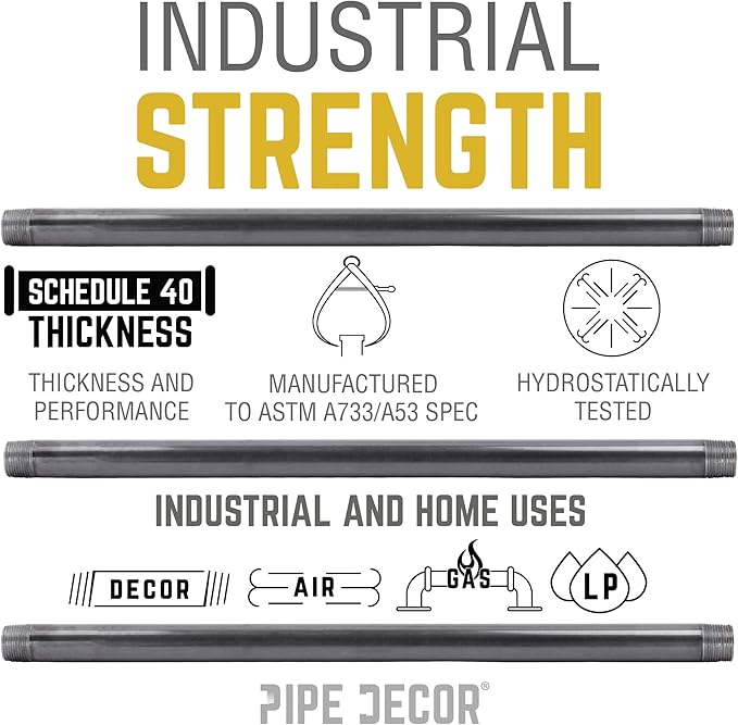 PIPE DÉCOR 1/2” x 7” Malleable Cast Iron Pipe Nipple, Pre-Cut Connectors, Industrial Steel Grey Fits Standard Half Inch Black Threaded Pipes Nipples and Fittings, Build Vintage DIY Furniture, 6 Pack