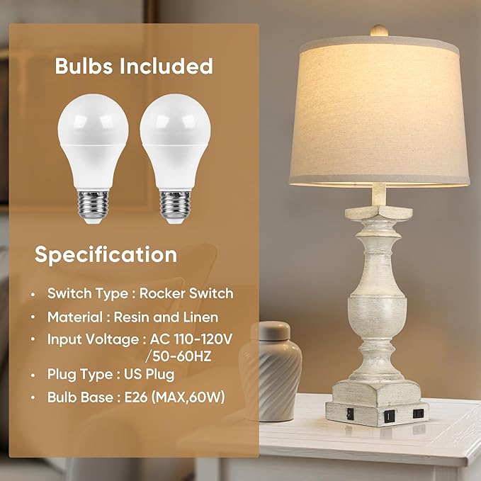Farmhouse Table Lamp Set of 2, 28'' Bedside Lamps with USB A+C Port, Traditional Nightstand Lamps for Room, Vintage Table Lamp, Desk Lamp for Bedroom, Beige Lampshade, Rocker Switch, Bulb Included