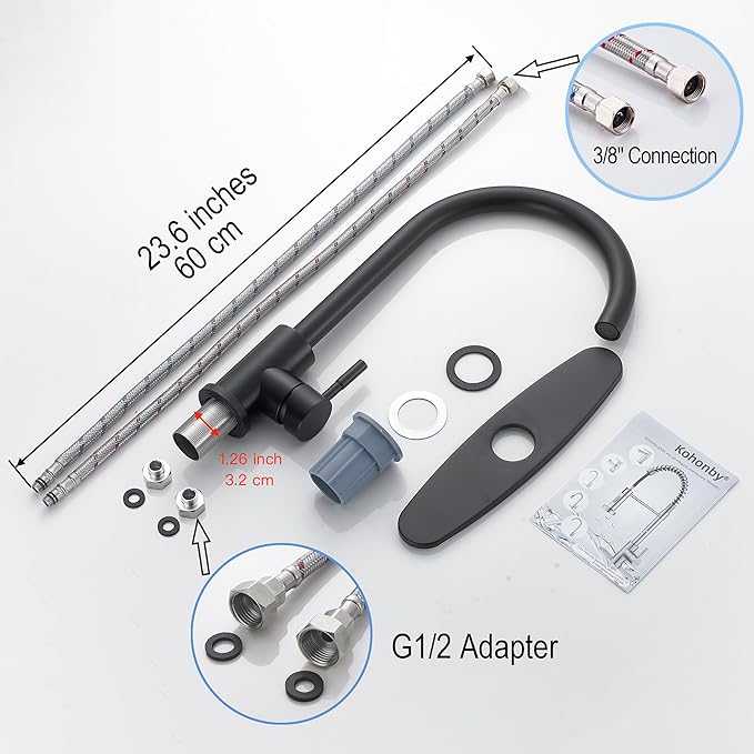 Single Handle High Arc Matte Black Kitchen Faucet Stainless Steel Commercial Single Hole Kitchen Sink Faucet, Modern One Hole Bar Sink Faucet with Deck Plate