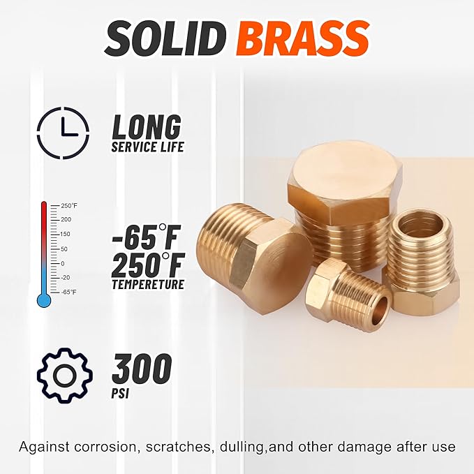 24 PCS Brass Hex Pipe Plug Fittings Kits 1/8" 1/4" 3/8" 1/2" NTP Brass Plug Male Threaded