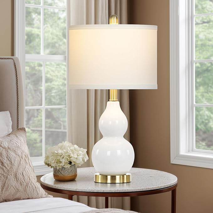 22" Modern Double Gourd Ceramic Table Lamps Set of 2, White Bedside Lamps for Living Room, Contemporary Nightstand Desk Lamps for Bedroom End Table Home Office Decor(2 LED Bulbs Included)