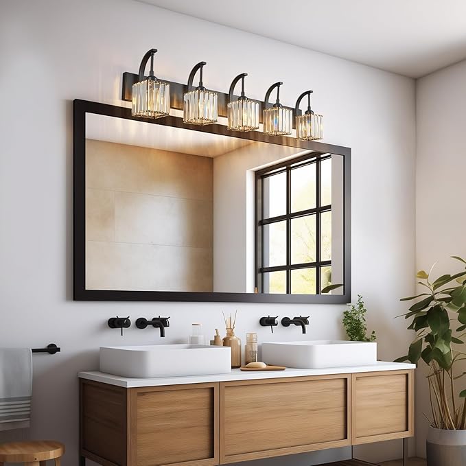 5-Light Crystal Vanity Light, Modern Black Bathroom Wall Sconce with K9 Crystal Shades, 42.51" Long Over Mirror Lighting for Vanity, Makeup, Hallway, Elegant & Easy Installation