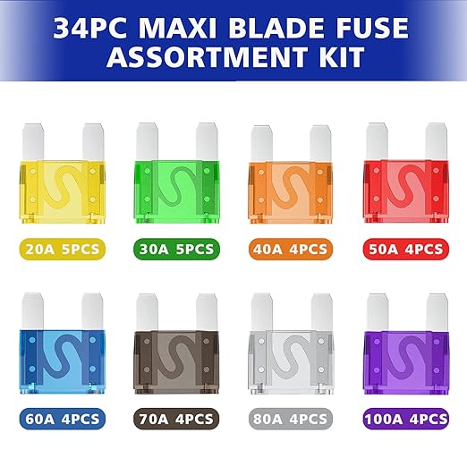 Maxi Blade Fuse Assortment Car Fuse 20A 30A 40A 50A 60A 70A 80A 100A Maxi Auto Fuse Kit BUSY-CORNER 34 Pieces
