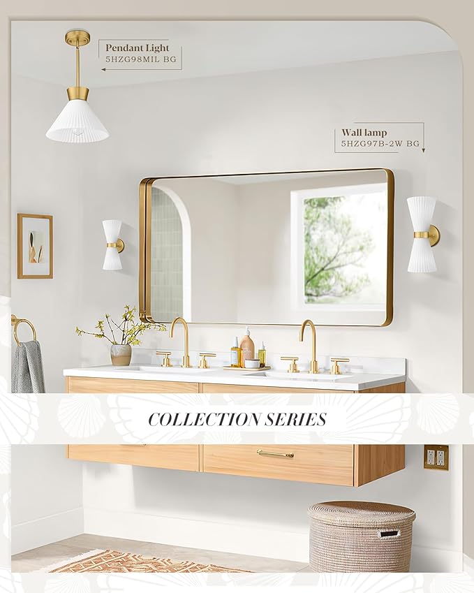 Gold Sconce Wall Lighting, HWH Single Wall Vanity Light Fixture Brushed Gold Wall Sconce Lamp, Modern Indoor Up Down Wall Light with Frosted Milk White Striped Glass Shade, 5HZG97B-2W BG