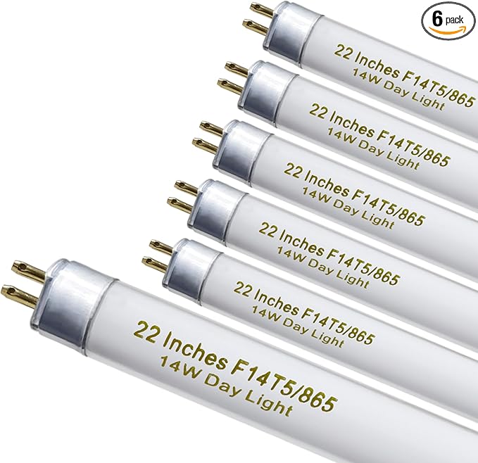 amgolibi T5 14W 6500K Fluorescent Tube, 22 Inches F14T5/865 Straight Fluorescent Bulb, F14T5/DL Fluorescent Lamp for Counter and Cabinet Fixture, Cool White 1350 Lumen G5 Cap