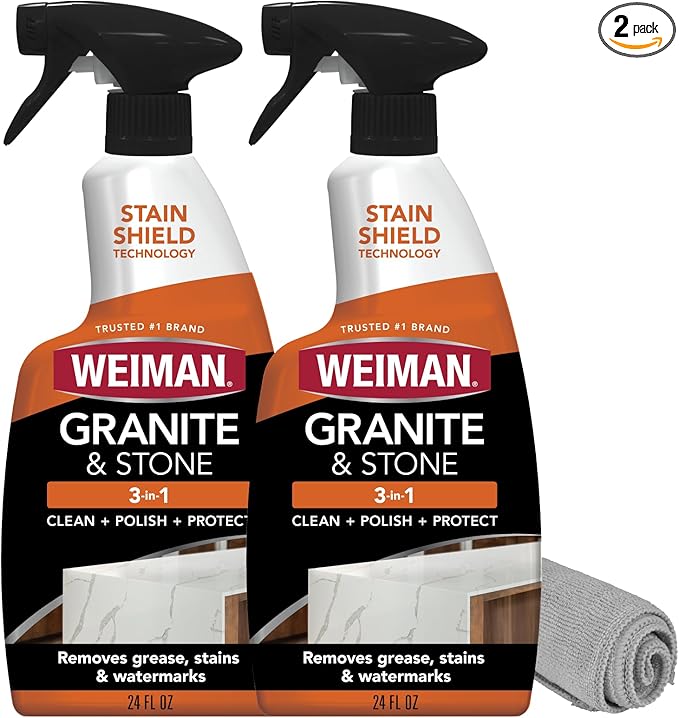 Weiman Granite Cleaner Polish and Protect, Streak Free, pH Neutral Formula for Daily Use on Interior & Exterior Natural Stone with Microfiber Towel, 3 in 1-2 Pack