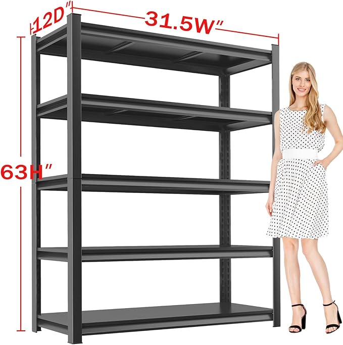 Metal Garage Storage Shelves Heavy Duty Shelving Unit 5 Tier Steel Adjustable Organizing Shelves 3000 LBS Capacity Industrial Shelving Ideal for Garage Tote Pantry Basement Outdoor, 63”Hx31.5”Wx12”D