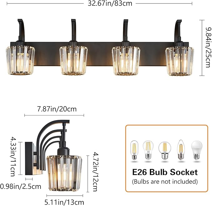 Modern Bathroom Vanity Light, 4-Light Black Wall Sconce with Crystal Accents, Over Mirror Bathroom Lighting Fixture, 32.67" Long Dimmable Vanity Lamp for Makeup, Easy Installation