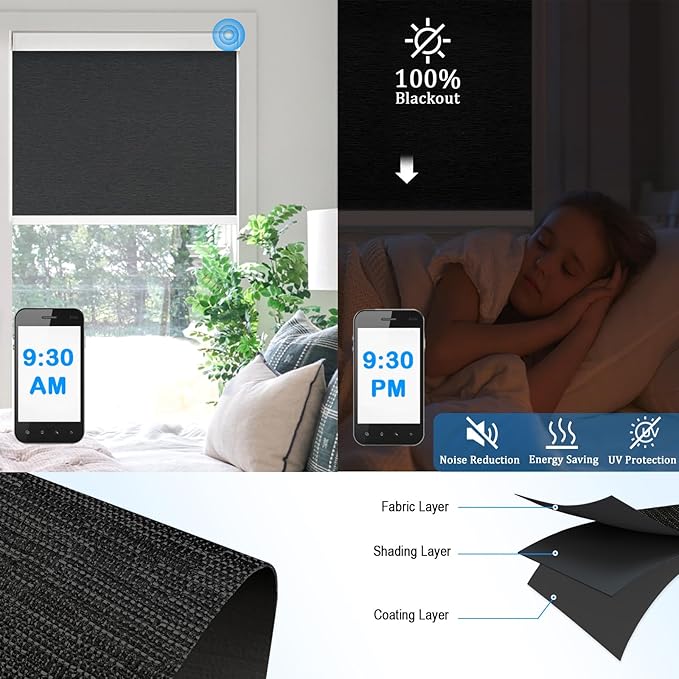 Motorized Blinds with Remote Cordless Automatic Motorized Shades Custom Blinds for Windows Smart Curtains Compatible with Alexa Google Home(Blackout Jacquard Black,W35 x H72in)