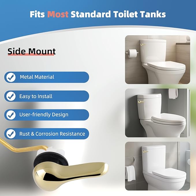 iFealClear Universal Metal Toilet Tank Flush Lever Replacement, Side Mount Toilet Handle Replacement Kit, Stainless Steel Chain, Solid Brass Material, Polished Gold