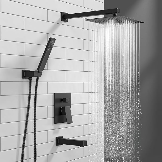 Lava Odoro Modern 3-Setting Square Shower and Tub Faucet Set with Shower Head and Handheld Sprayer Black, Rainfall Shower System with Tub Spout, Shower Valve Trim Kit, Matte Black, SF103-MB-T