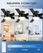 52 Inch Black Ceiling Fan With Lights Flush Mount Dimmable 3 Color Temperatures LED Remote Control 6 Speed Reversible DC Motor 5 Blades Modern Ceiling Fan Design for Indoor or Covered Outdoor