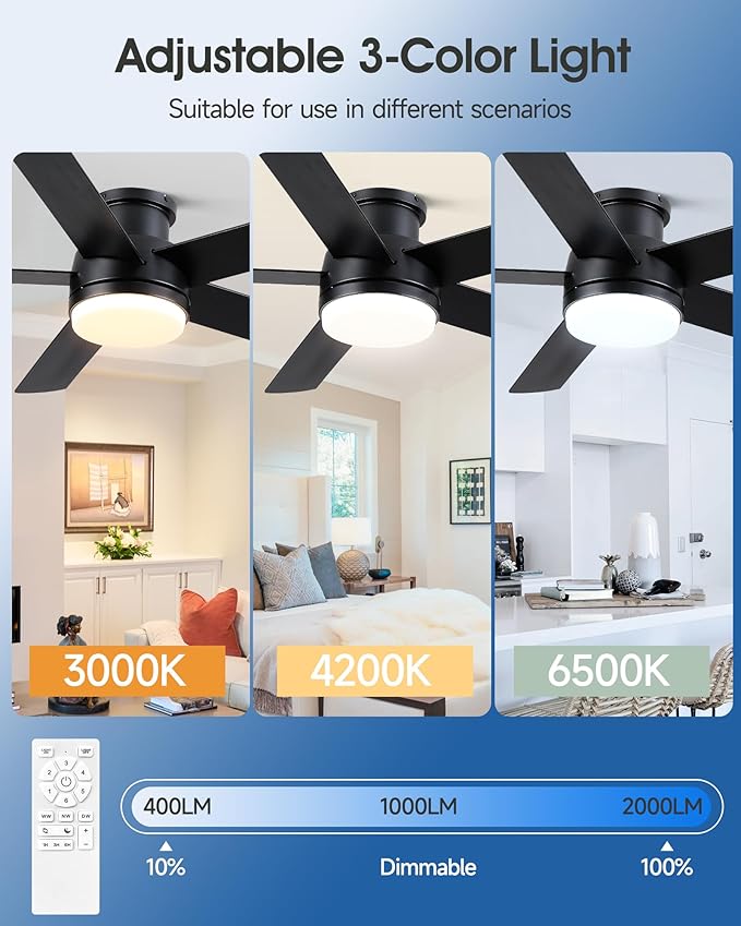 52 Inch Black Ceiling Fan With Lights Flush Mount Dimmable 3 Color Temperatures LED Remote Control 6 Speed Reversible DC Motor 5 Blades Modern Ceiling Fan Design for Indoor or Covered Outdoor