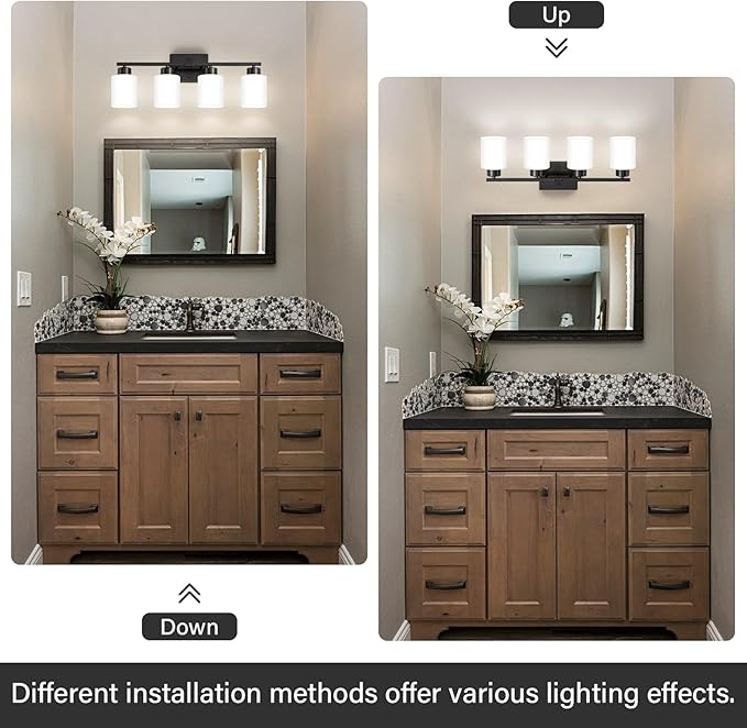 Black Bathroom Light Fixtures, 4-Light Modern Vanity Light Over Mirror, Wall Sconces with Milky White Frosted Glass Shades, E26 Socket (Bulbs Not Included)