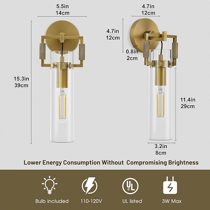 Modern Gold Indoor Wall Sconces Set of 2, 15'' knurled Brass Bathroom Wall Sconces, Glass Bathroom Vanity Light, for Living Room, Bedrooms, Hallway, Staircases, Include Bulb
