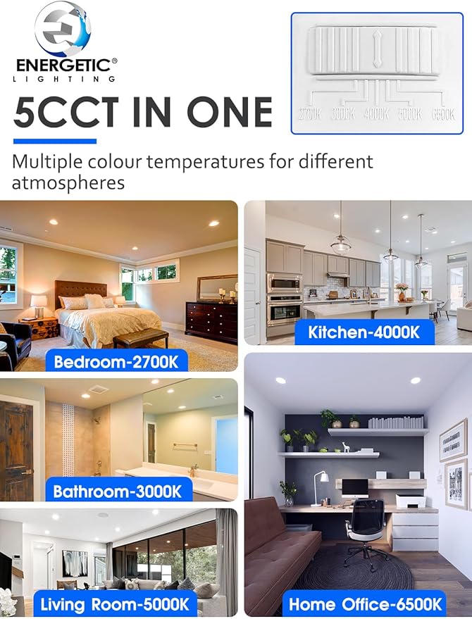 Energetic 12 Pack 4 Inch 5CCT Retrofit Recessed Ceiling Lighting, LED Can Lights, Dimmable Downlight, 5.4W, Equivalent 45W, 2700K/3000K/4000K/5000K/6500K Selectable, Damp Rated, Baffle Trim, ETL