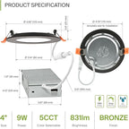 ASD 6 Pack LED Recessed Lighting 4 Inch 9W, 5 CCT 2700K-5000K CRI90+, IC Rated Ultra Thin Dimmable Ceiling Lights with J Box, Canless Wafer Downlight, Round Slim Panel Light, Energy Star ETL, Bronze