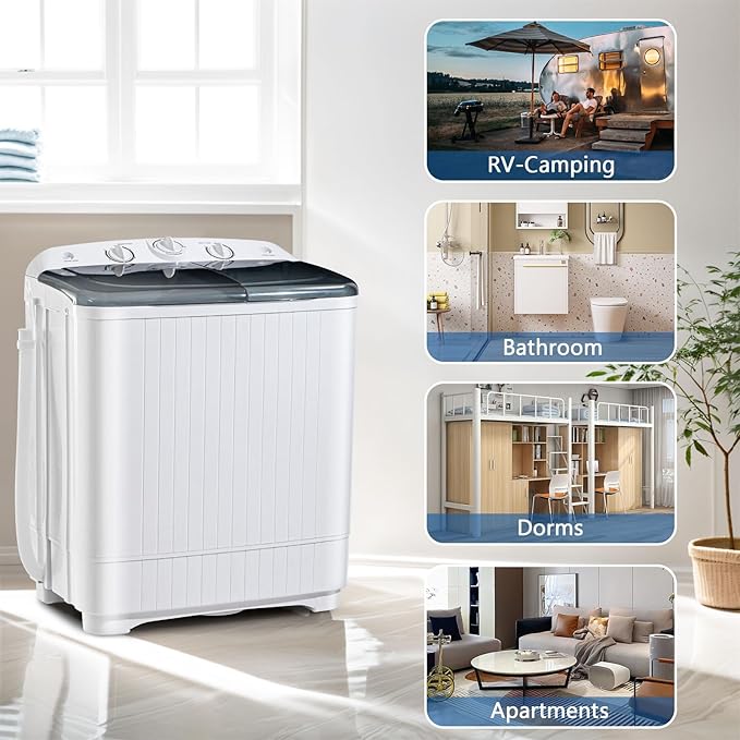 Portable Mini Twin Tub 22lbs Washing Machine With Drying Rack& 10 Hangers, 13lbs Washer & 9lbs Spinner, Small Laundry Washer with Time Control for Camping, Apartments, RV (22lbs)